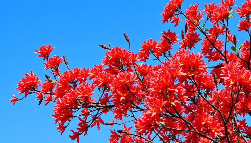Drzewo ognia - płomiennie czerwone kwiaty Delonix regia (flamboyant)