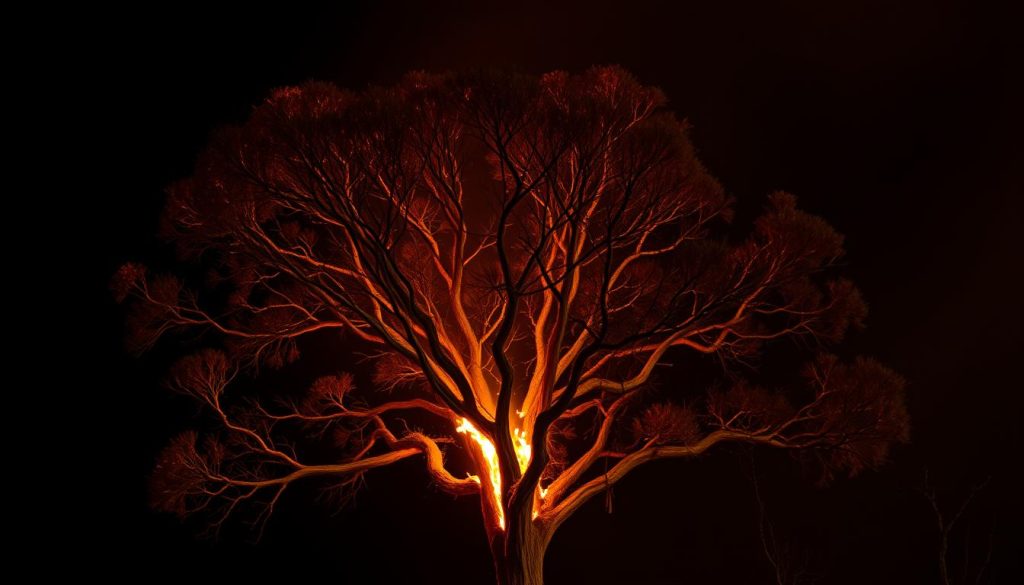 Drzewo ognia - płonący eukaliptus podczas pożaru lasu w Australii