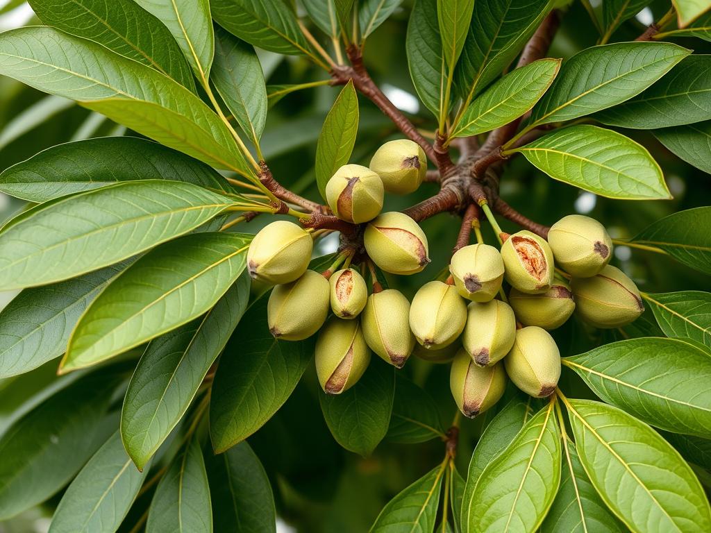 Drzewo pistacji właściwej (Pistacia vera) z charakterystycznymi liśćmi i owocami