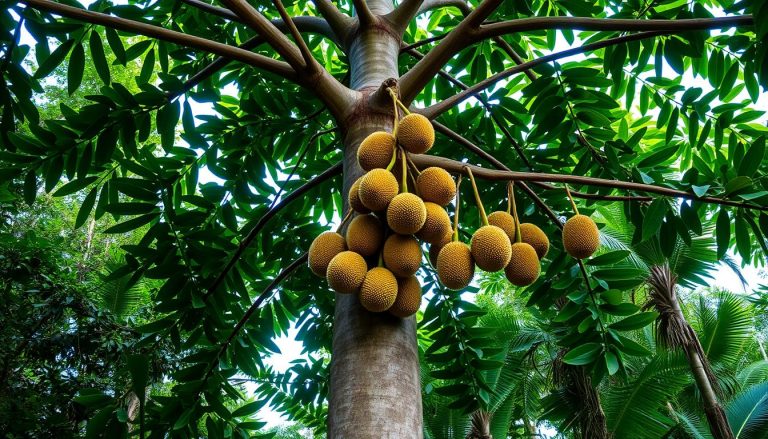 Durian właściwy rosnący na drzewie w Azji Południowo-Wschodniej