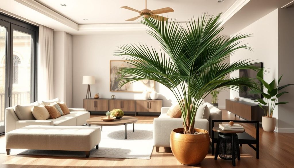 Elegancki salon z palmą wachlarzową jako centralnym elementem dekoracyjnym