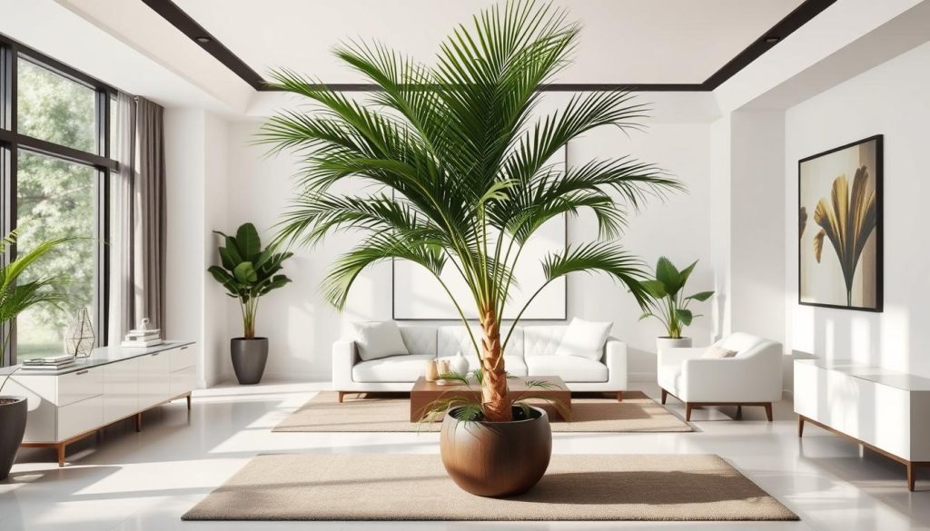 Eleganckie wnętrze z palmą kokosową jako elementem dekoracyjnym