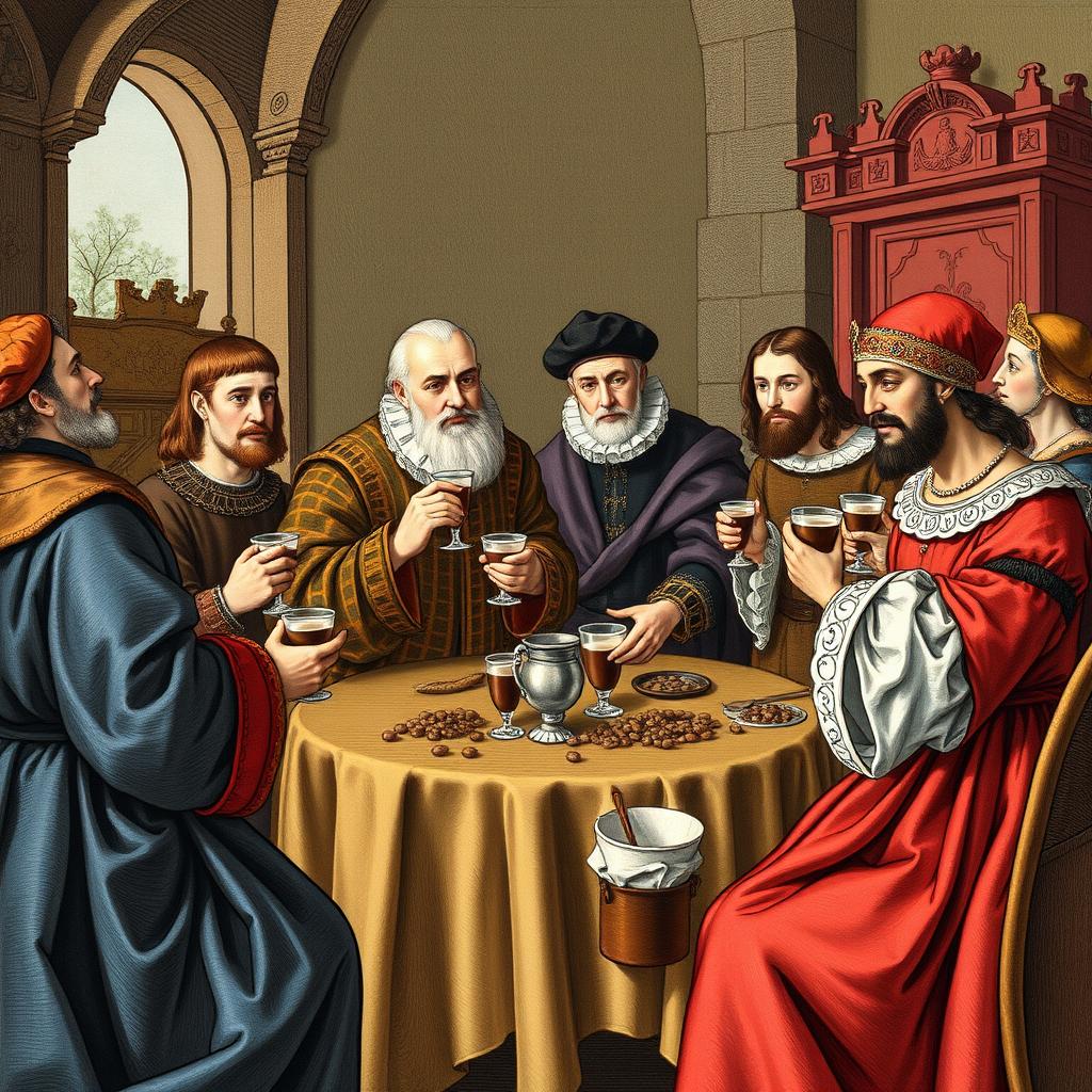 Historyczna ilustracja przedstawiająca wprowadzenie kakao na europejskie dwory