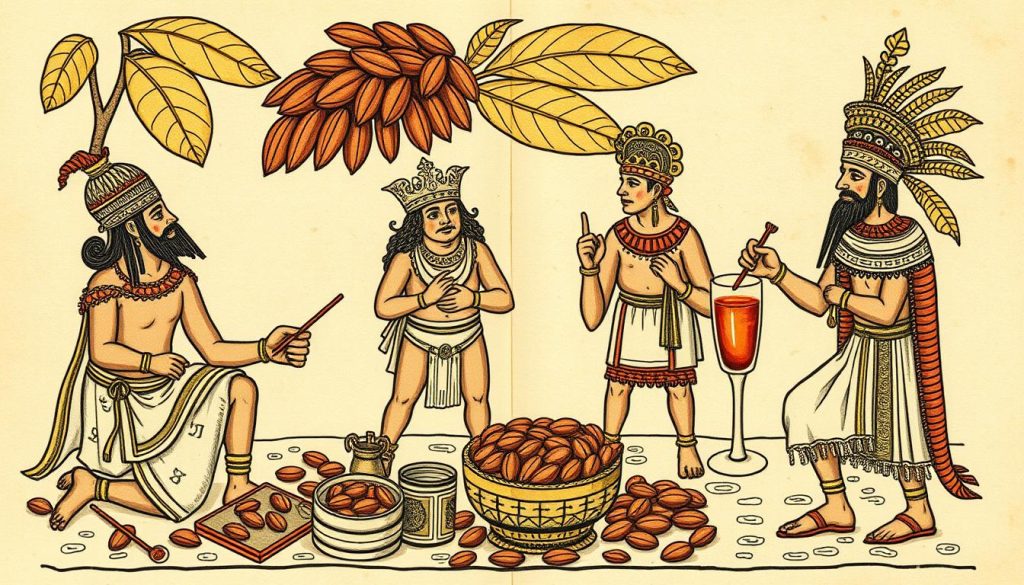 Historyczne przedstawienie Azteków używających ziaren kakaowca jako waluty i napoju ceremonialnego