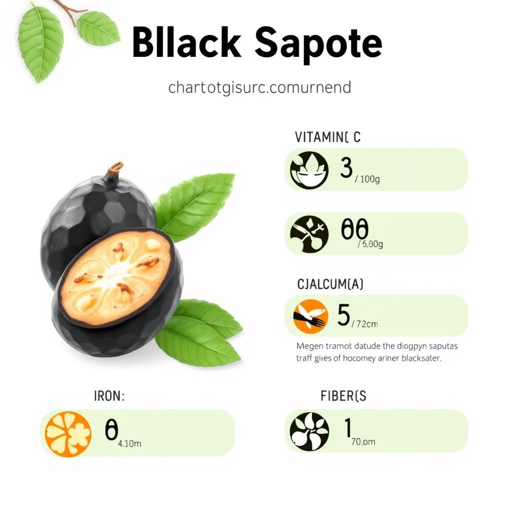 Infografika przedstawiająca wartości odżywcze czarnego sapote, w tym zawartość witamin i minerałów Infografika przedstawiająca wartości odżywcze czarnego sapote, w tym zawartość witamin i minerałów