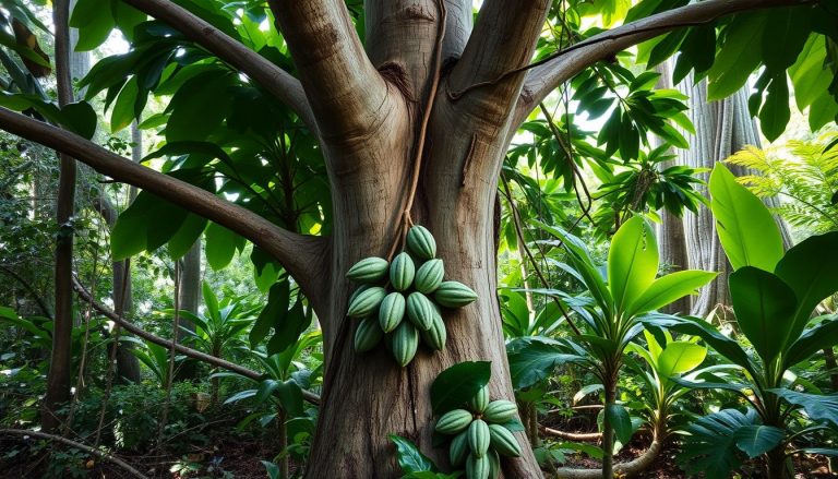 Kakaowiec właściwy (Theobroma cacao) rosnący w naturalnym środowisku tropikalnego lasu deszczowego