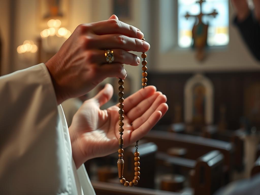 Kapłan poświęcający różaniec z modligroszka różańcowego