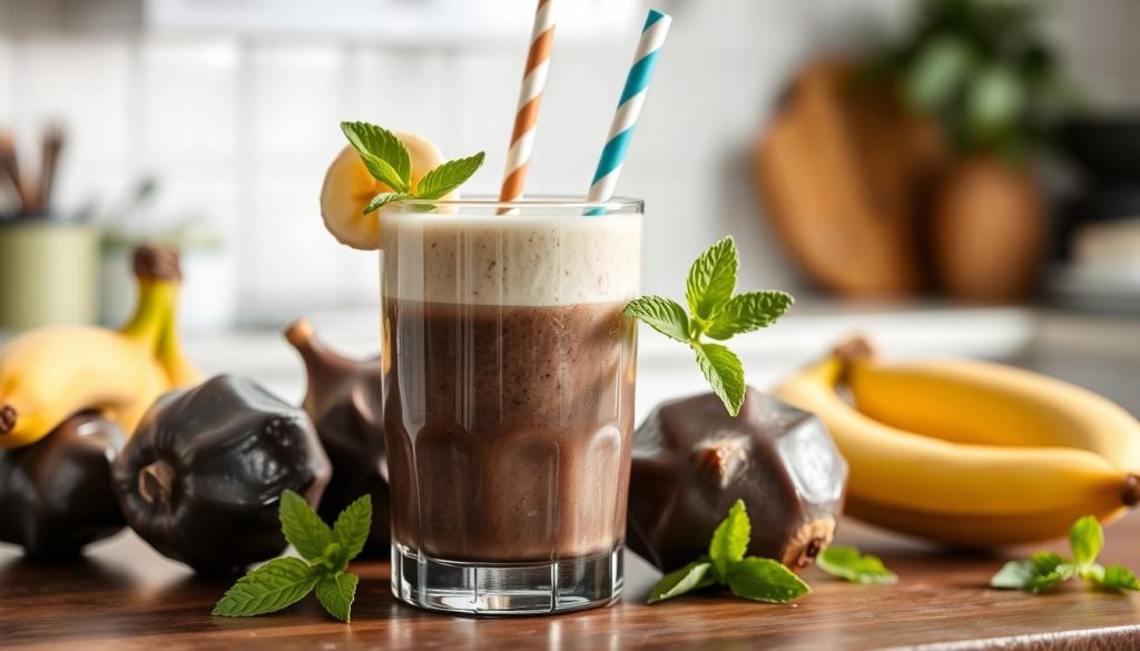 Koktajl z czarnego sapote z dodatkiem bananów i mleka kokosowego, podany w szklance Koktajl z czarnego sapote z dodatkiem bananów i mleka kokosowego, podany w szklance