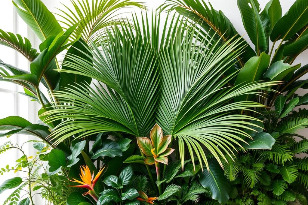 Kompozycja roślin tropikalnych z palmą wachlarzową jako centralnym elementem
