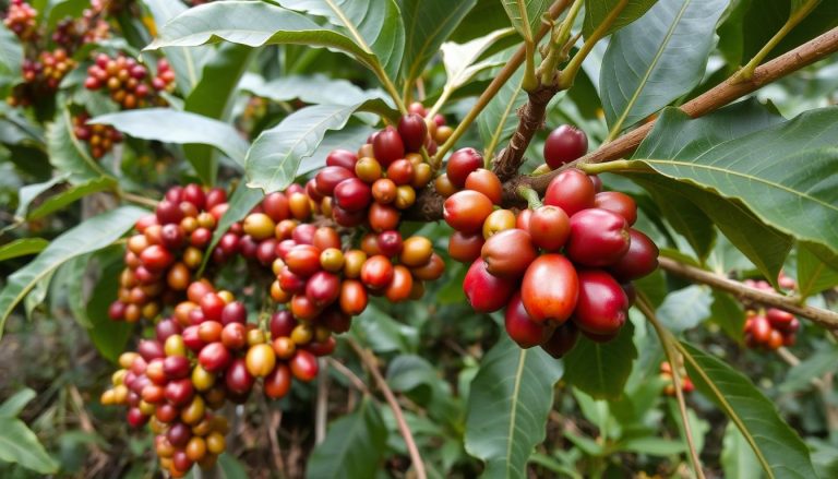 Krzew kawy robusta z owocami w różnych stadiach dojrzewania