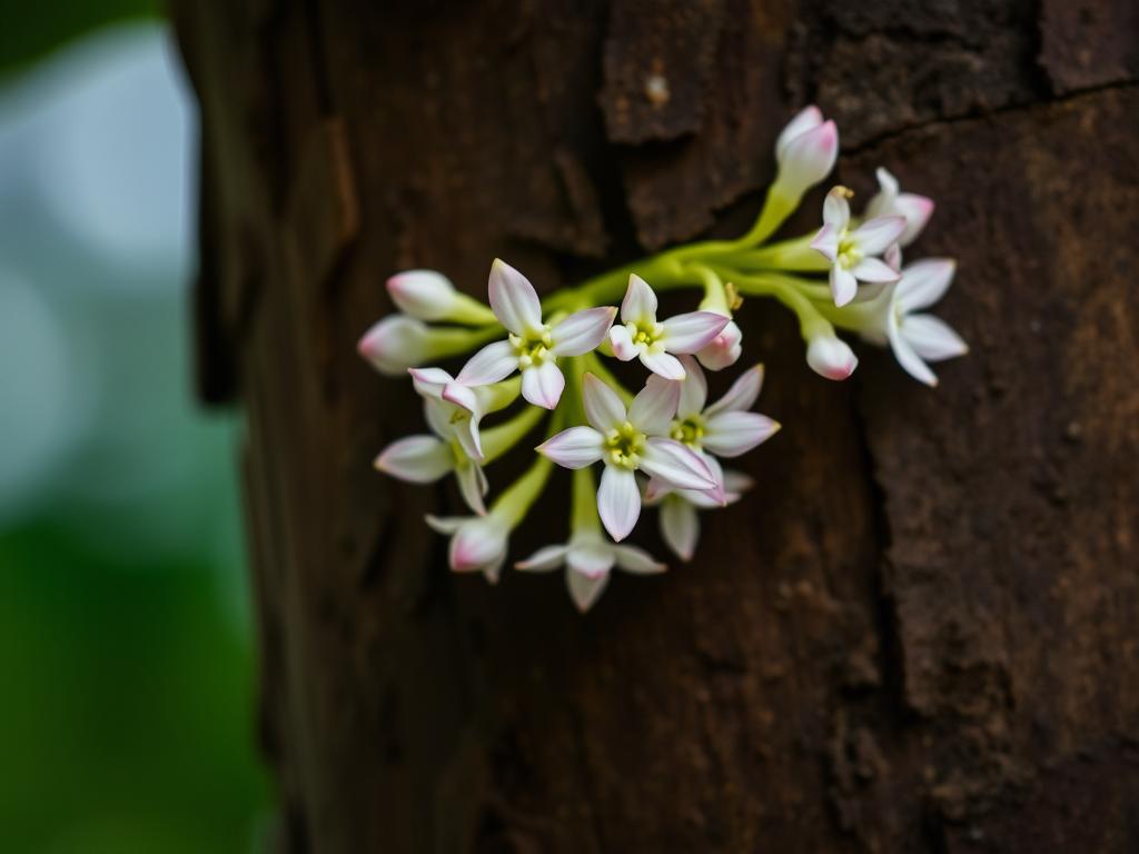 Kwiaty kakaowca wyrastające bezpośrednio z pnia drzewa