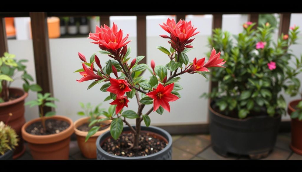 Kwitnące drzewo koralowe w doniczce na polskim tarasie