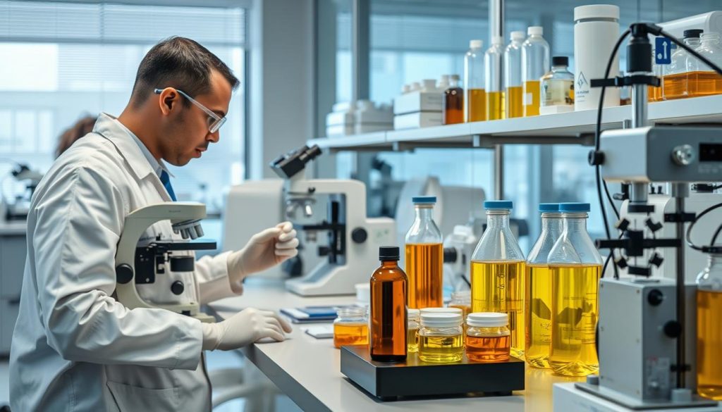 Laboratorium badające właściwości oleju andiroba, naukowiec analizujący próbki Laboratorium badające właściwości oleju andiroba, naukowiec analizujący próbki
