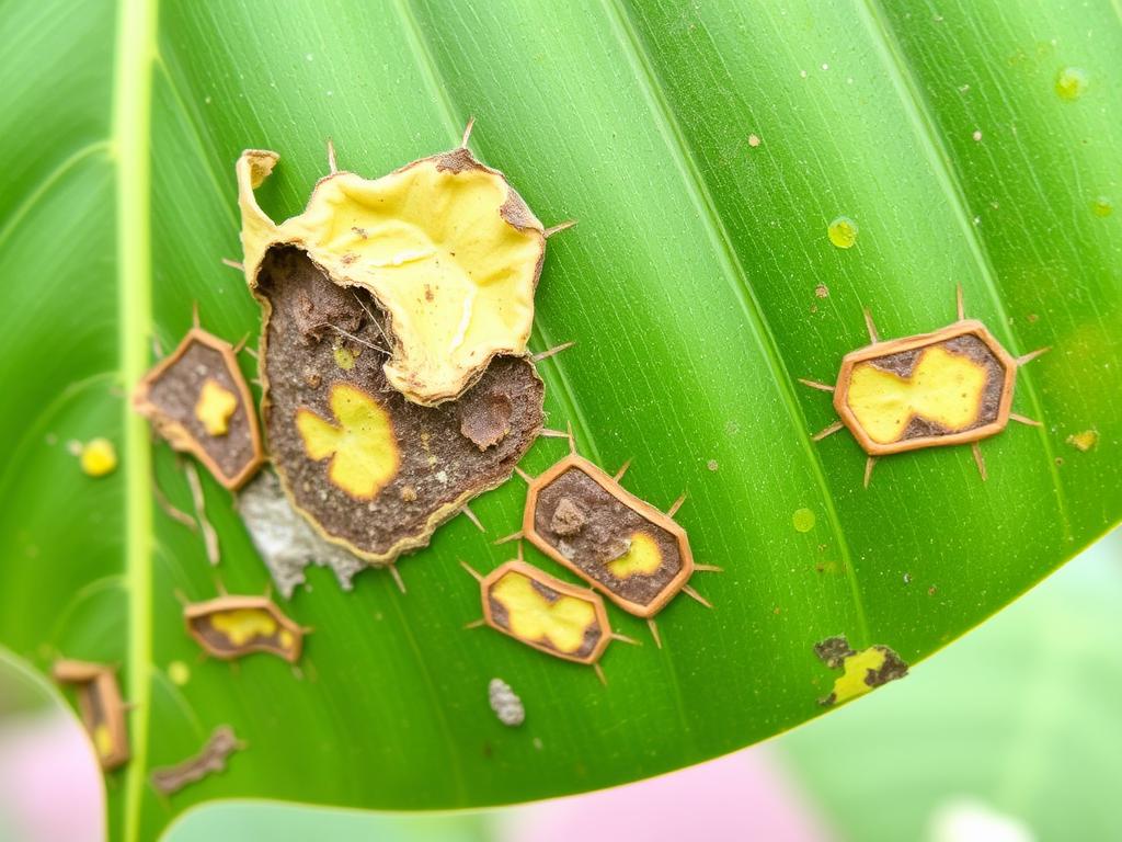 Liść cykasa z widocznymi objawami choroby - żółte plamy i przebarwienia