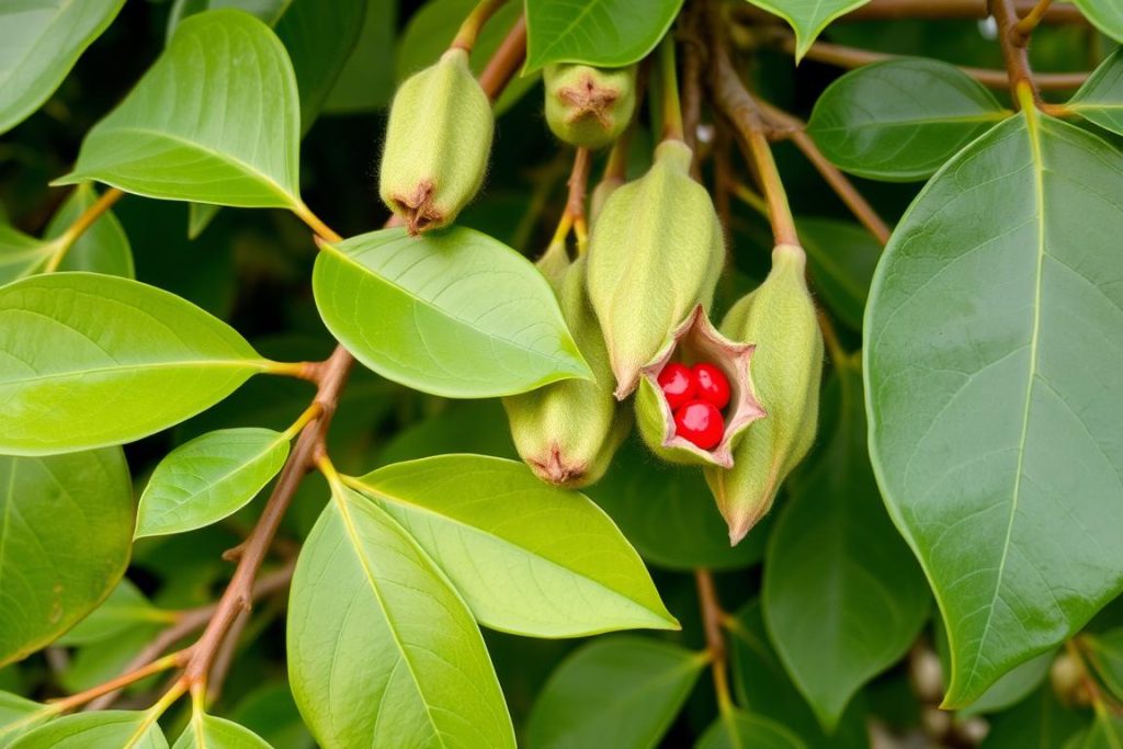 Liście i strąki nasienne drzewa koralowego