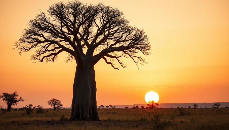 Majestatyczny baobab afrykański na sawannie podczas zachodu słońca