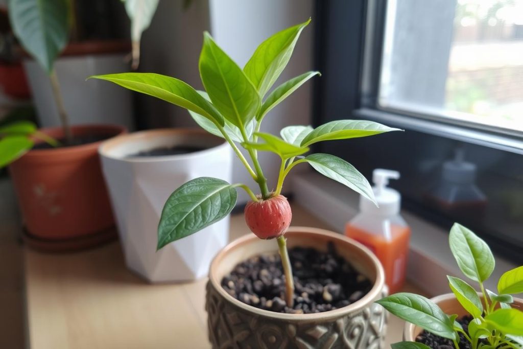 Młoda sadzonka rambutana w doniczce uprawiana w warunkach domowych Młoda sadzonka rambutana w doniczce uprawiana w warunkach domowych