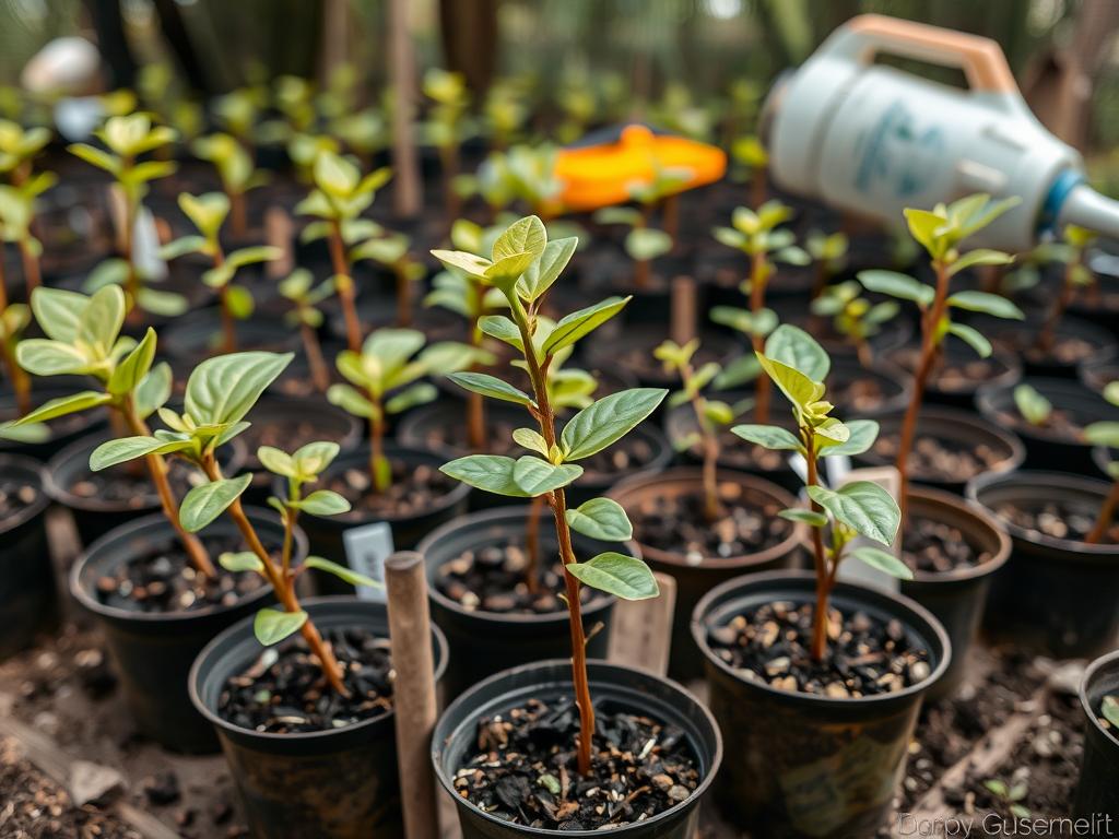 Młode sadzonki baobabu afrykańskiego w szkółce leśnej