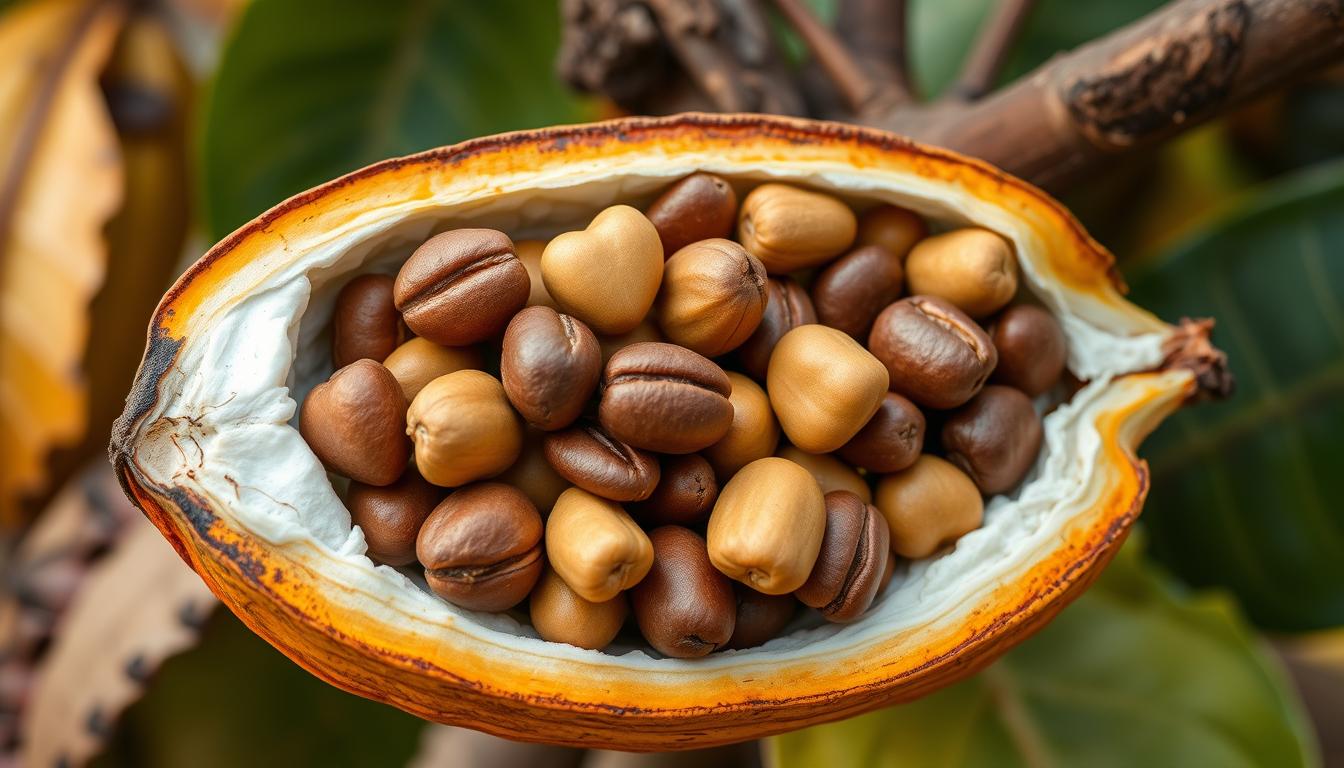 Nasiona kakaowca w strąku na plantacji kakaowca
