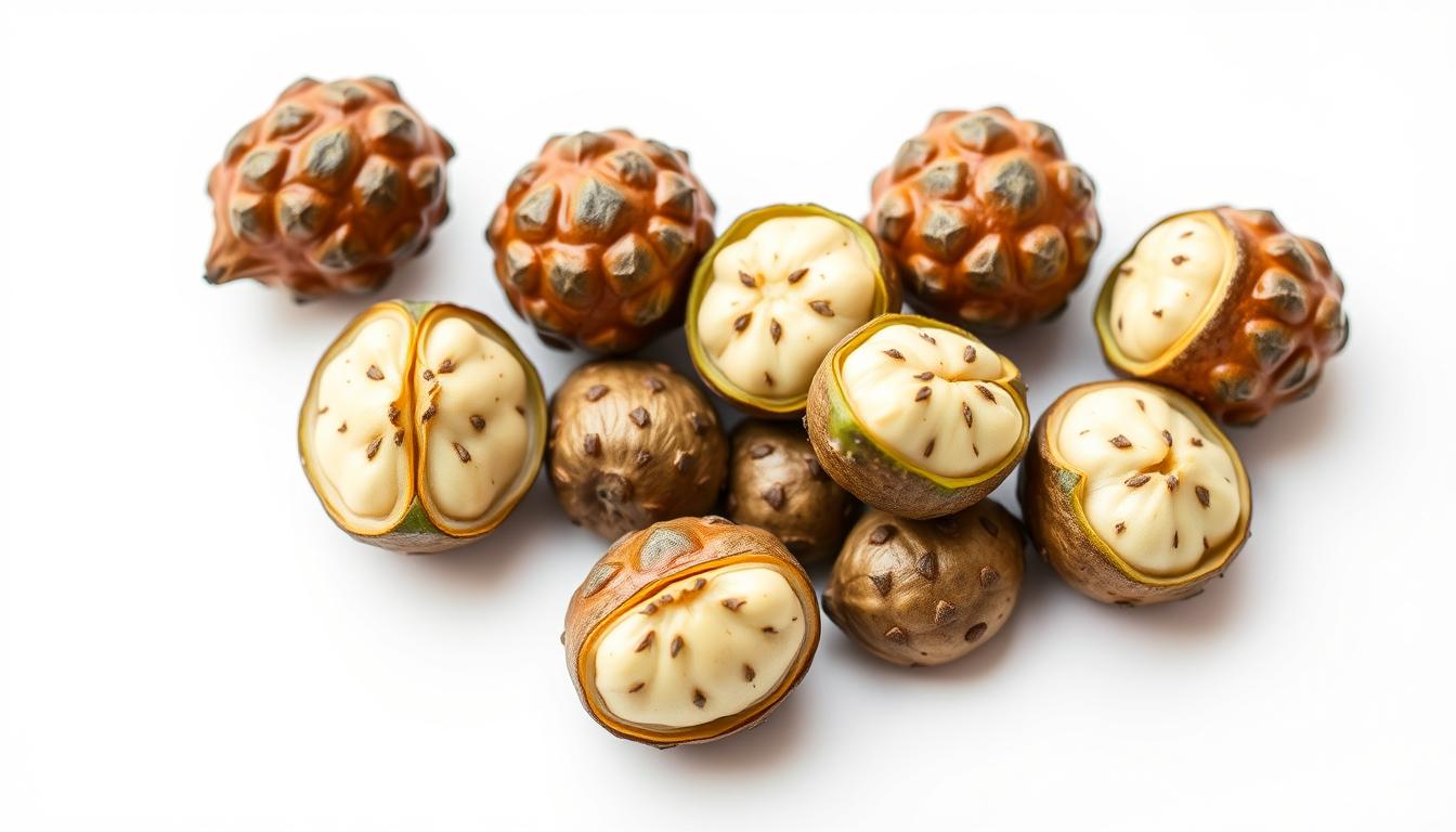 Nasiona noni (Morinda citrifolia) na białym tle