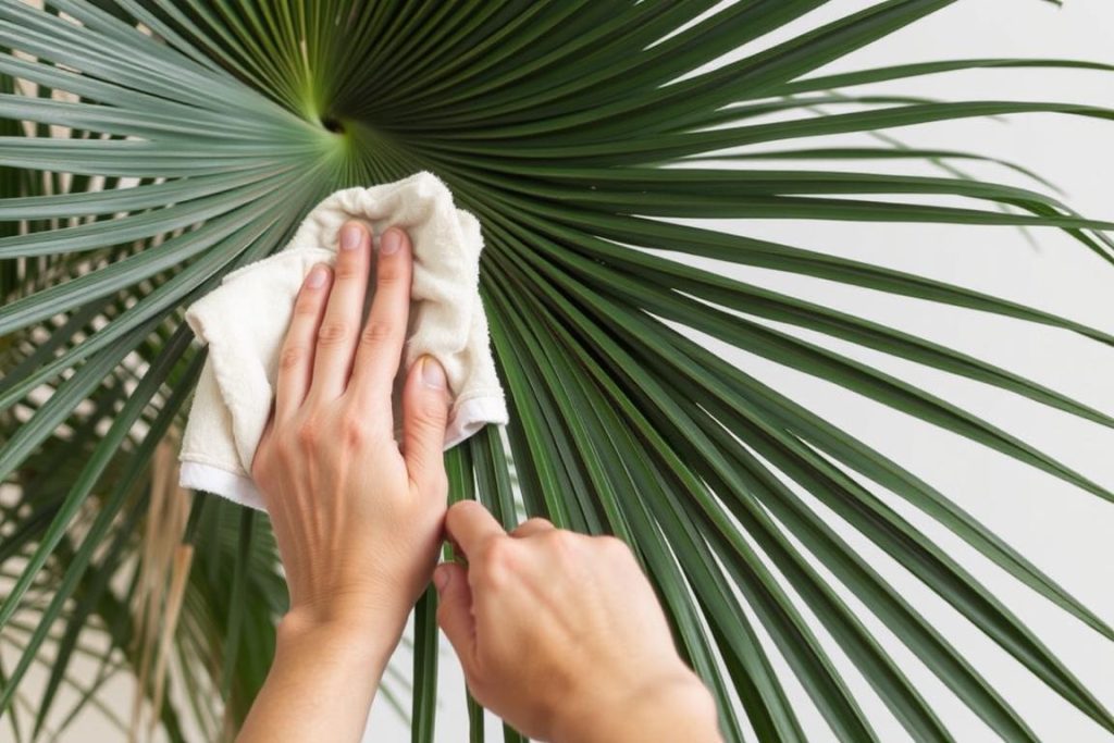 Osoba delikatnie czyszcząca liście palmy wachlarzowej wilgotną szmatką
