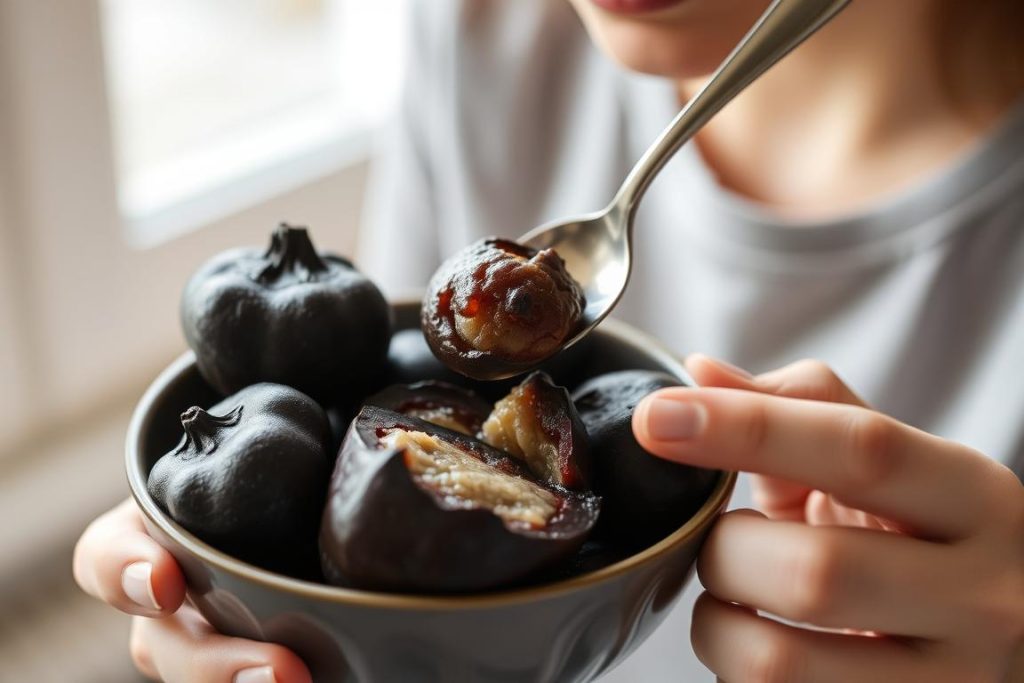 Osoba jedząca czarne sapote jako zdrową przekąskę, podkreślając jego wartości odżywcze Osoba jedząca czarne sapote jako zdrową przekąskę, podkreślając jego wartości odżywcze