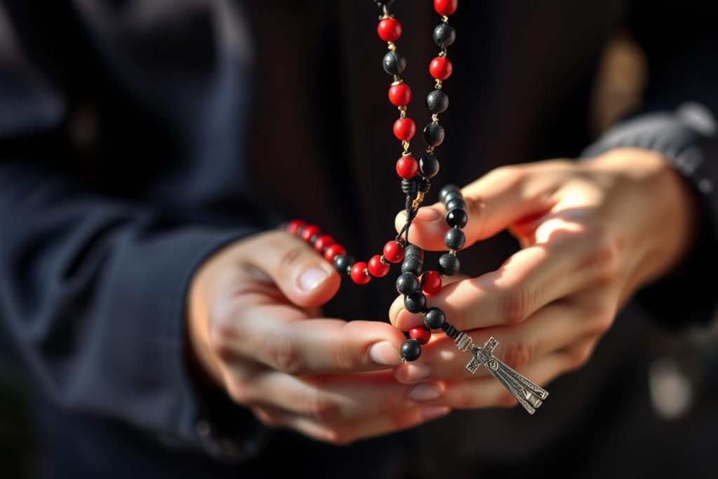 Osoba modląca się na różańcu z modligroszka różańcowego