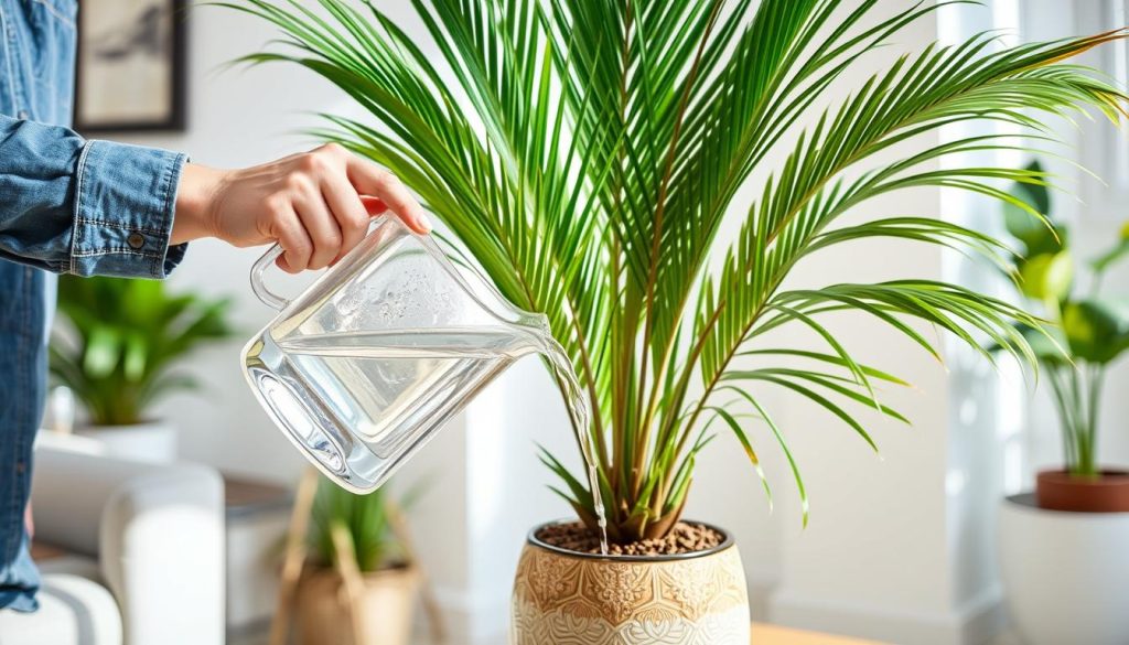 Osoba podlewająca palmę wachlarzową w doniczce