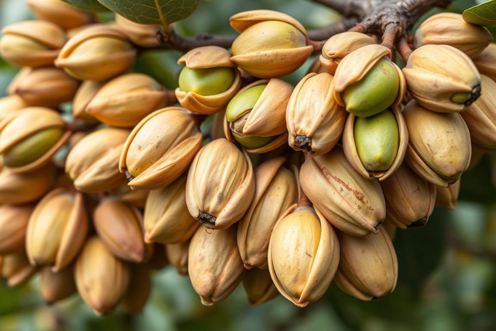 Owoce pistacji właściwej (Pistacia vera) rosnące w gronach
