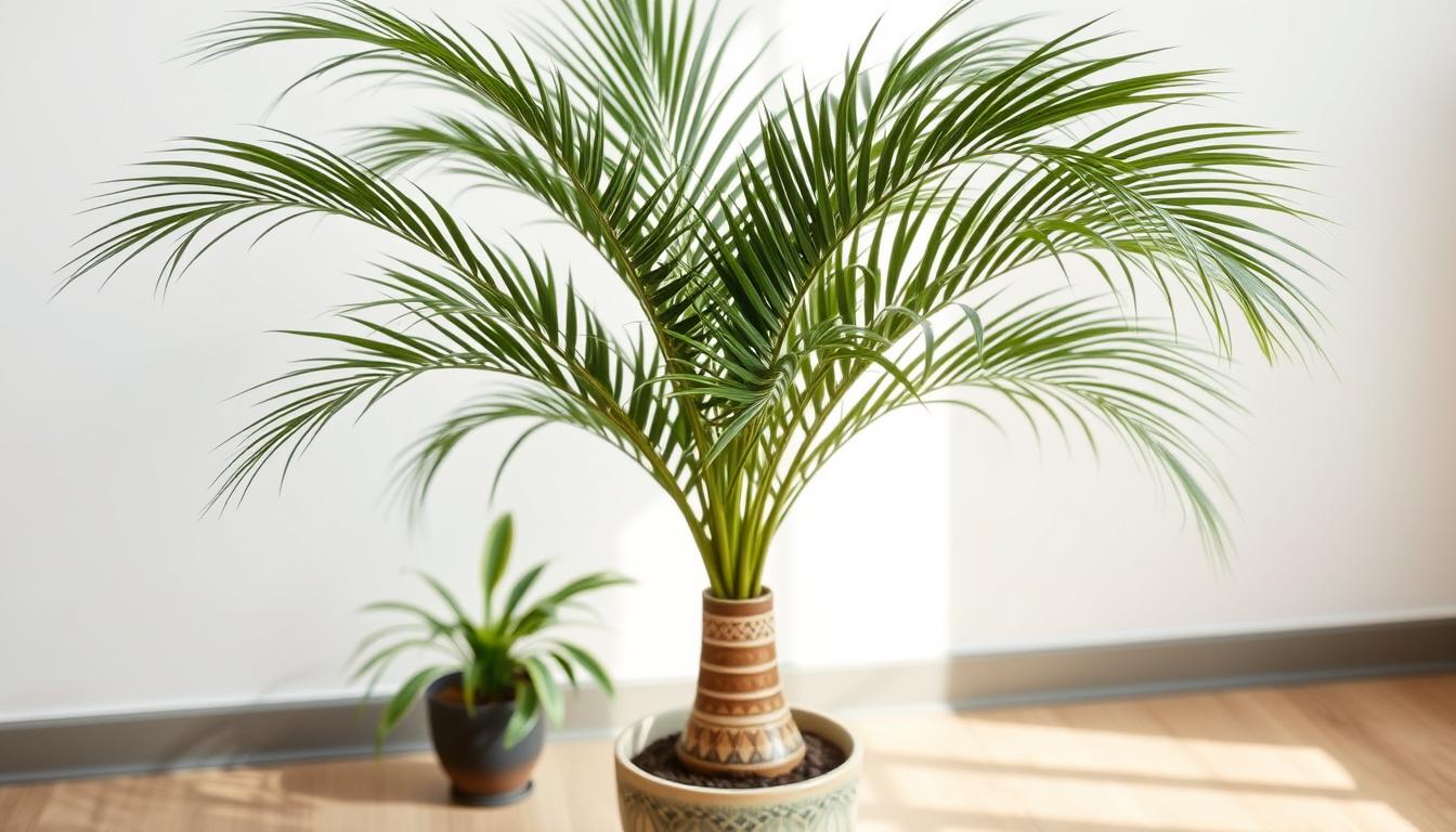 Palma butelkowa (Beaucarnea recurvata) w doniczce prezentująca charakterystyczną zgrubiałą podstawę pnia