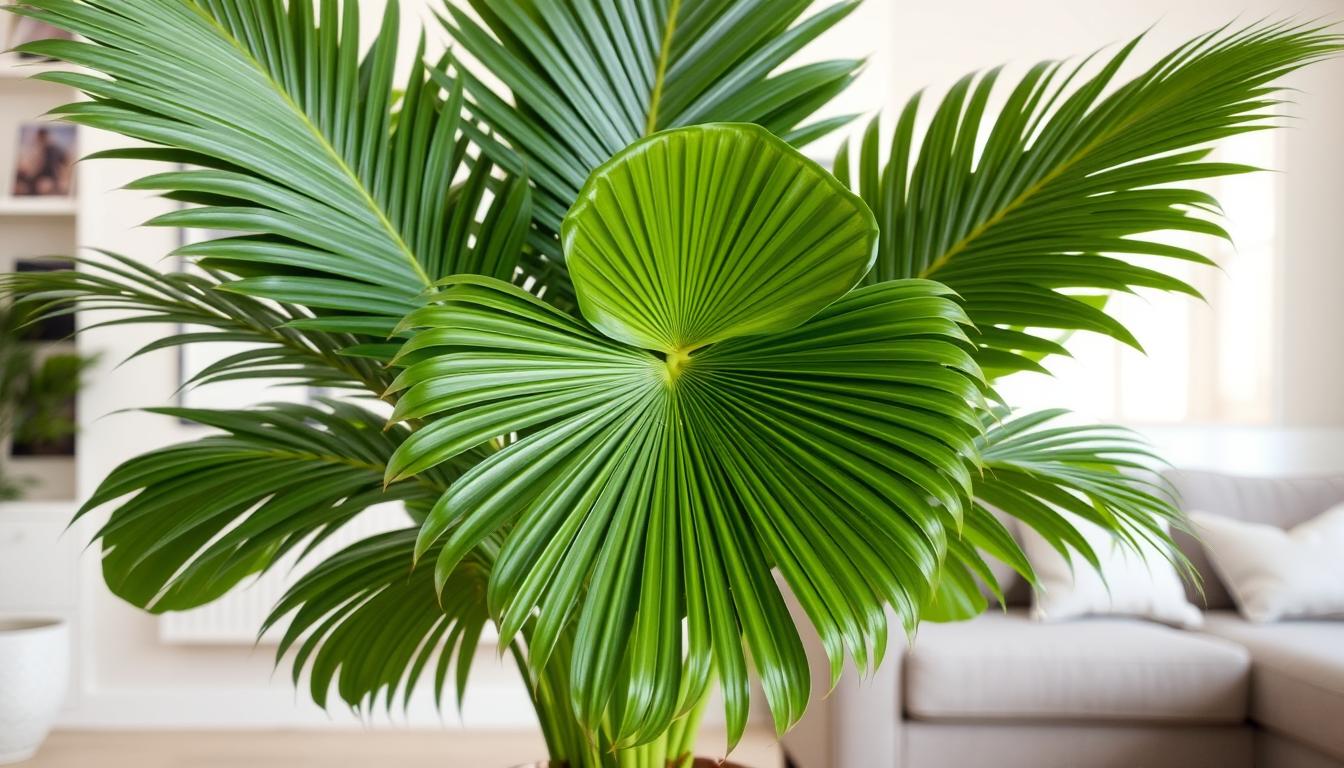 Palma wachlarzowa (Licuala grandis) w doniczce na jasnym tle