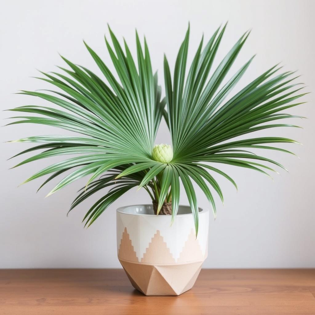 Palma wachlarzowa w ceramicznej doniczce o geometrycznym wzorze