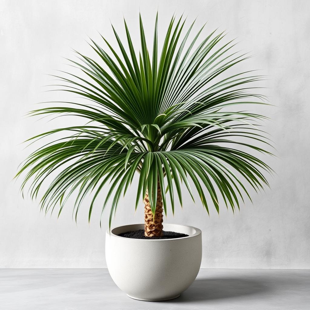 Palma wachlarzowa w minimalistycznej doniczce z betonu