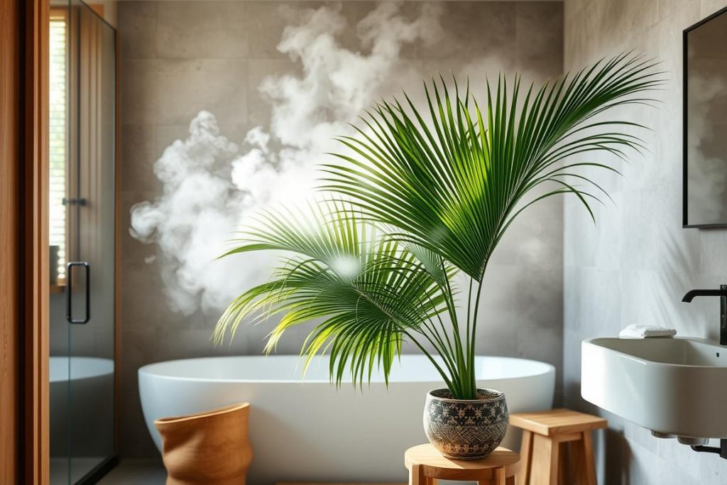 Palma wachlarzowa w nowoczesnej łazience z dostępem do światła