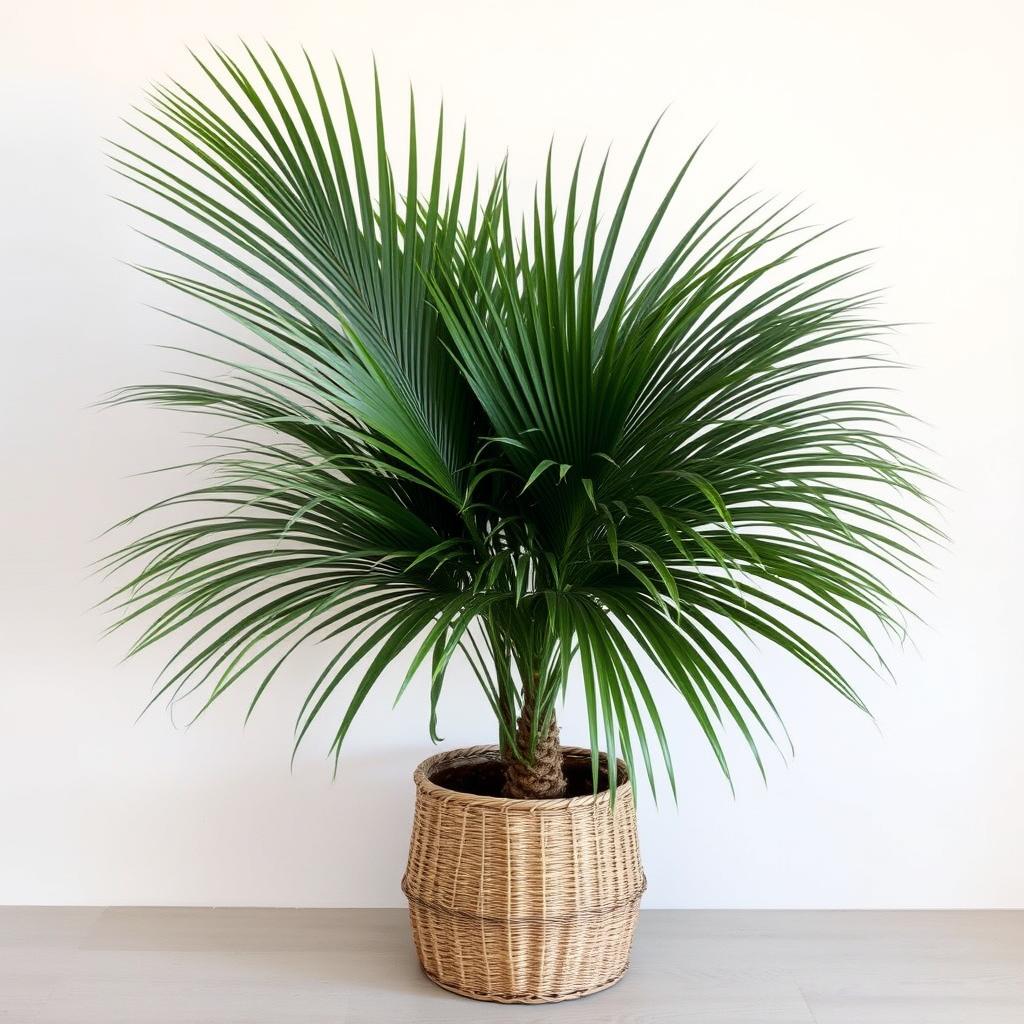 Palma wachlarzowa w plecionej doniczce z naturalnych materiałów