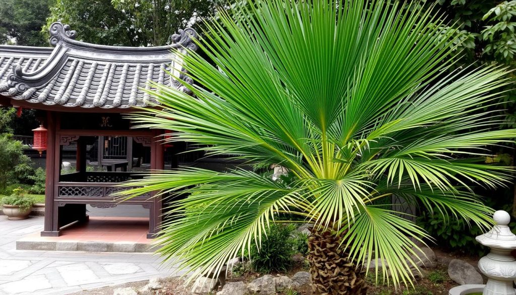 Palma wachlarzowa w tradycyjnym azjatyckim ogrodzie