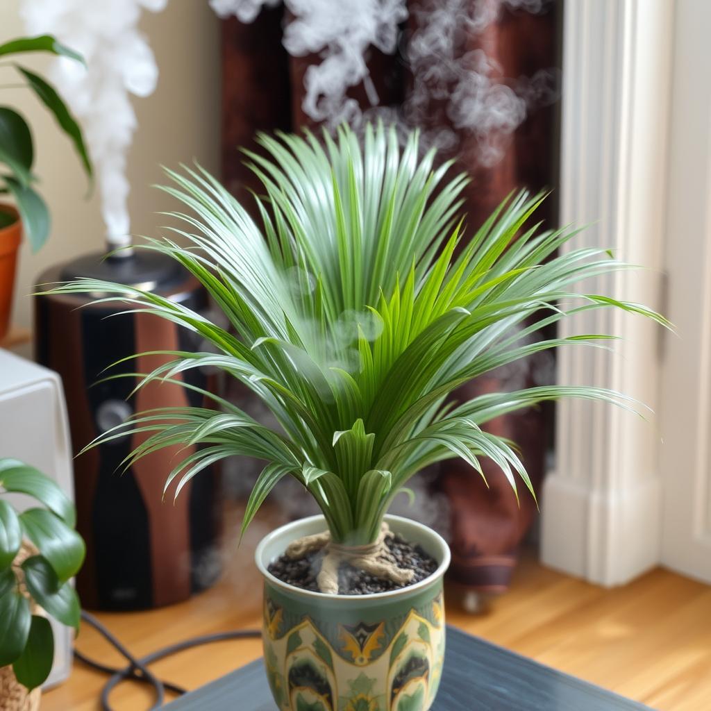 Palma wachlarzowa z nawilżaczem powietrza w tle