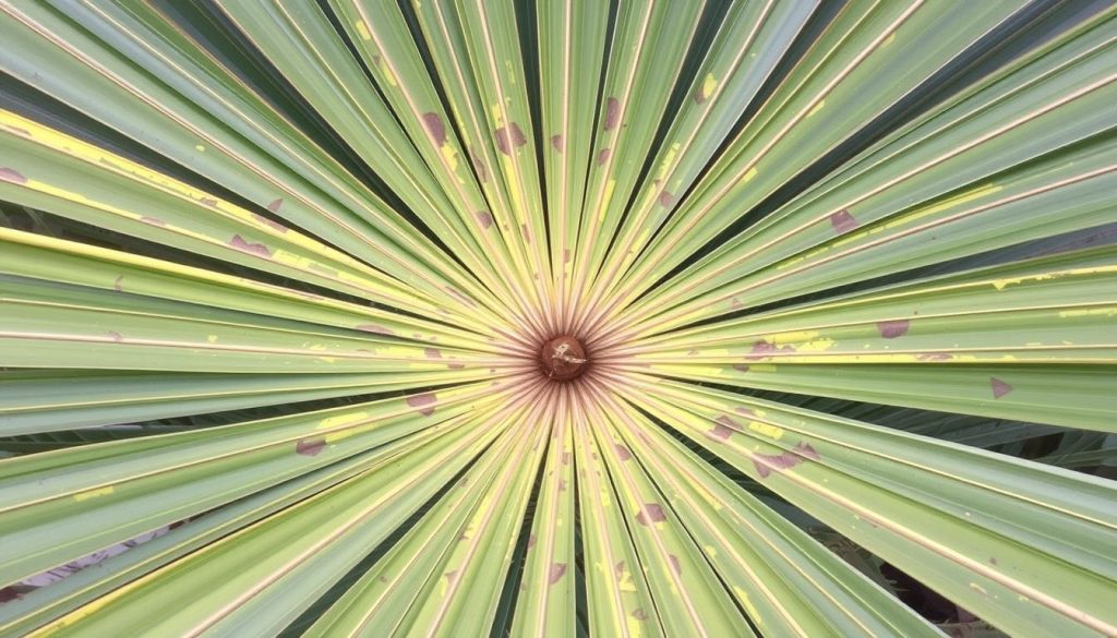 Palma wachlarzowa z widocznymi objawami problemów na liściach