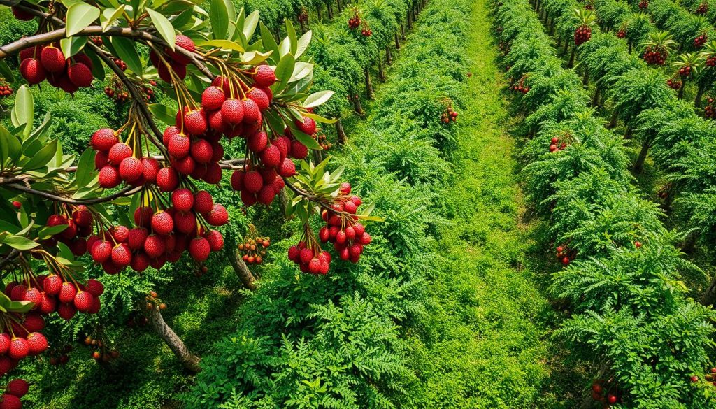 Plantacja drzew rambutana w Azji Południowo-Wschodniej z dojrzewającymi owocami Plantacja drzew rambutana w Azji Południowo-Wschodniej z dojrzewającymi owocami