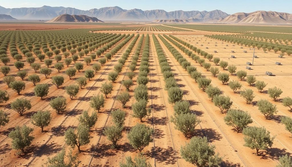 Plantacja pistacji właściwej (Pistacia vera) w suchym, gorącym klimacie