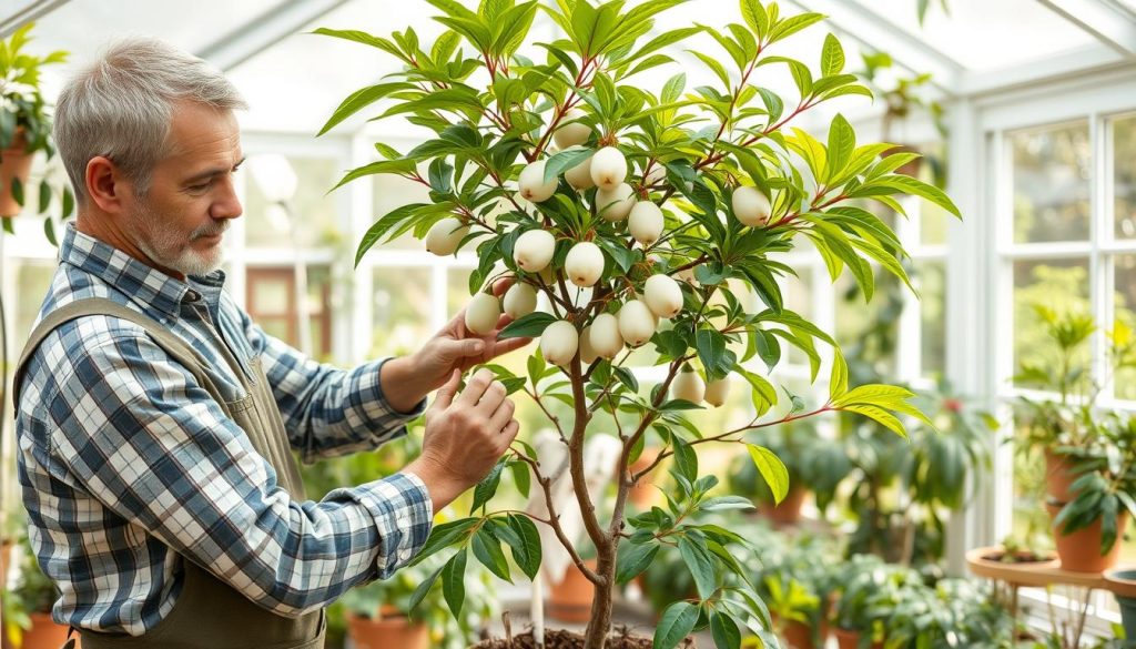 Polski ogrodnik pielęgnujący drzewko białego sapote w doniczce Polski ogrodnik pielęgnujący drzewko białego sapote w doniczce