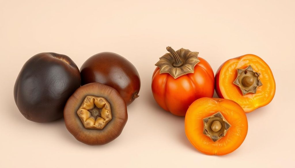 Porównanie czarnego sapote z persymoną, pokazujące podobieństwa i różnice między tymi spokrewnionymi owocami Porównanie czarnego sapote z persymoną, pokazujące podobieństwa i różnice między tymi spokrewnionymi owocami