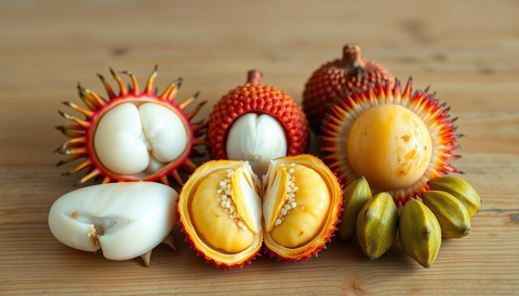Porównanie rambutana, liczi i longana ułożonych obok siebie Porównanie rambutana, liczi i longana ułożonych obok siebie