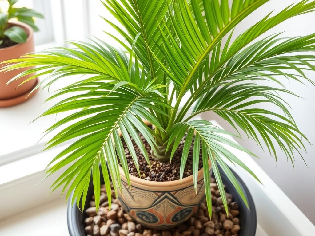 Prawidłowo pielęgnowana palma betelowa w doniczce z systemem nawadniania