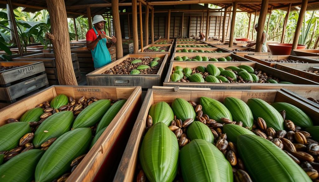 Proces fermentacji ziaren kakaowca w drewnianych skrzyniach