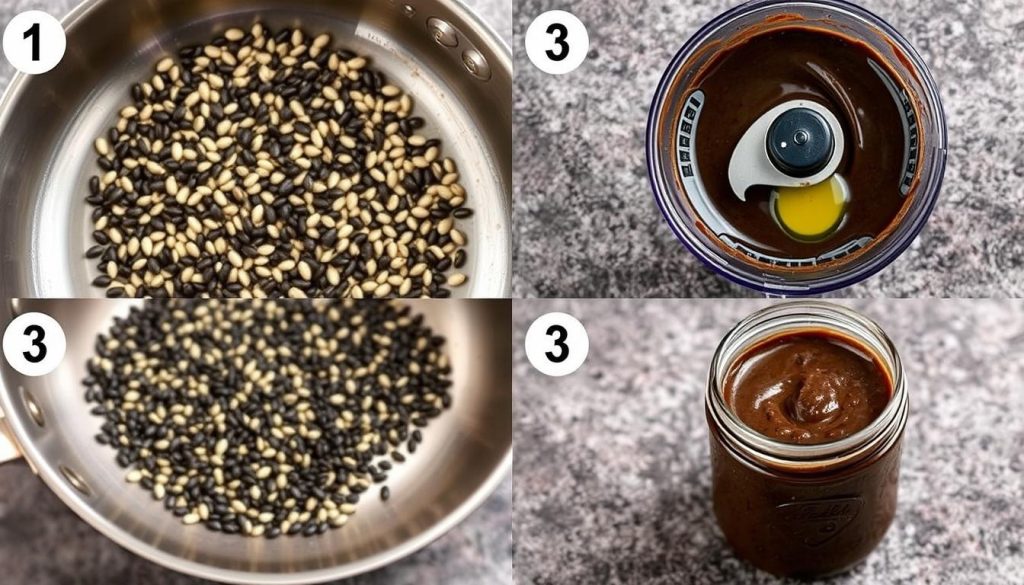 Proces przygotowania domowej pasty tahini z czarnego sezamu Proces przygotowania domowej pasty tahini z czarnego sezamu