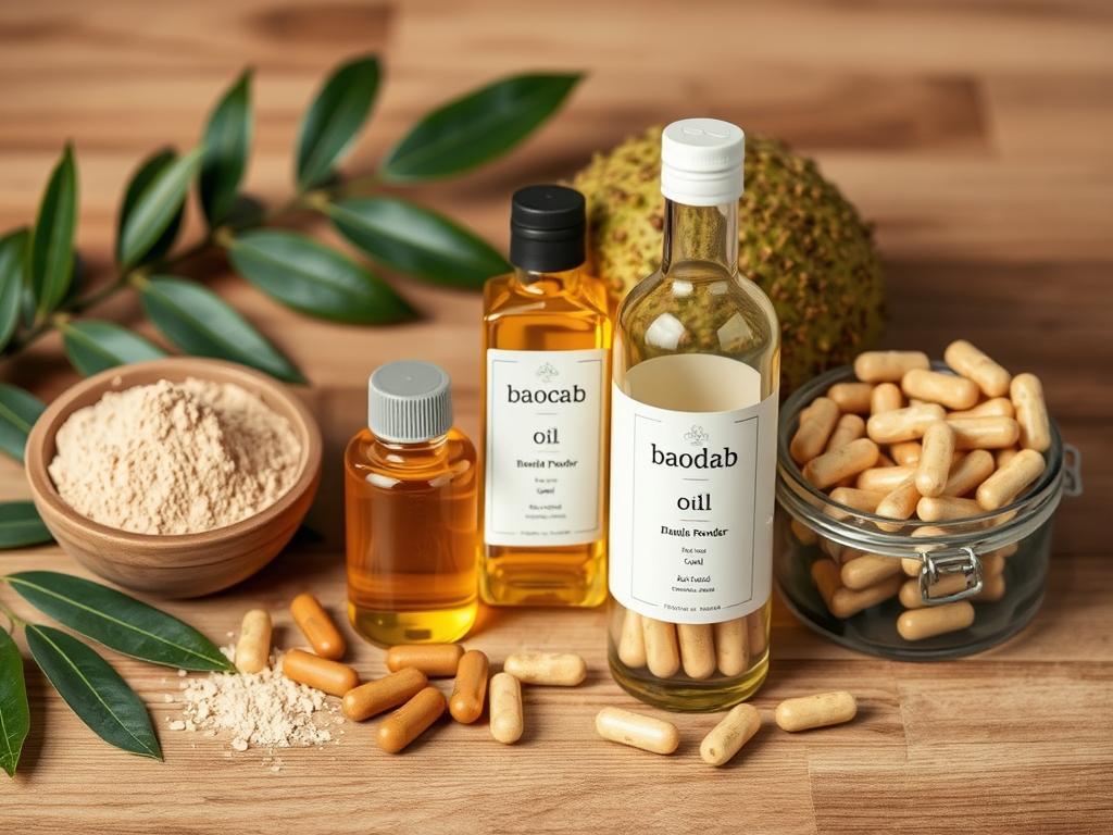 Produkty spożywcze z baobabu afrykańskiego - proszek, olej i kapsułki