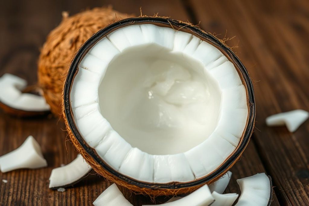 Przekrojony orzech kokosowy ukazujący biały miąższ i wodę kokosową