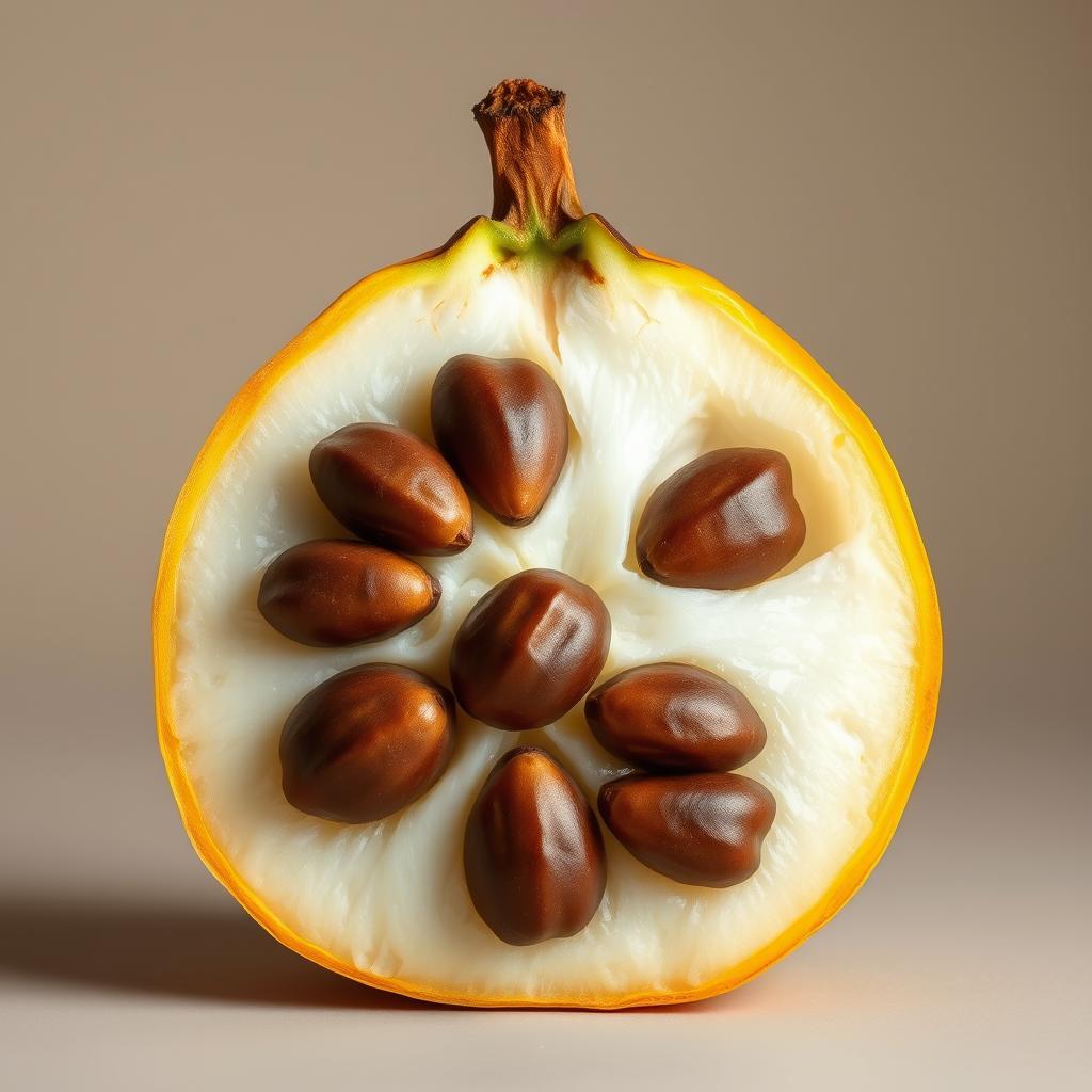 Przekrojony owoc białego sapote ukazujący kremowy miąższ i nasiona Przekrojony owoc białego sapote ukazujący kremowy miąższ i nasiona
