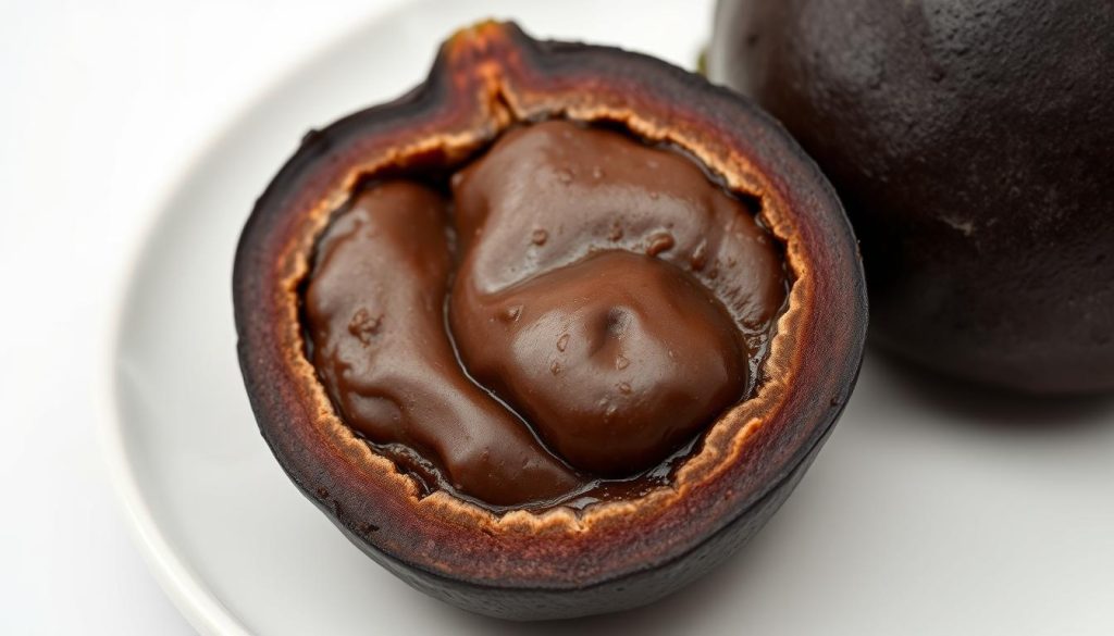 Przekrojony owoc czarnego sapote ukazujący kremowy, ciemnobrązowy miąższ przypominający czekoladowy pudding Przekrojony owoc czarnego sapote ukazujący kremowy, ciemnobrązowy miąższ przypominający czekoladowy pudding